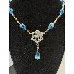 Vintage Sterling Silver Horseman Necklace Blue Glass Beads Filigree Pendant 23"